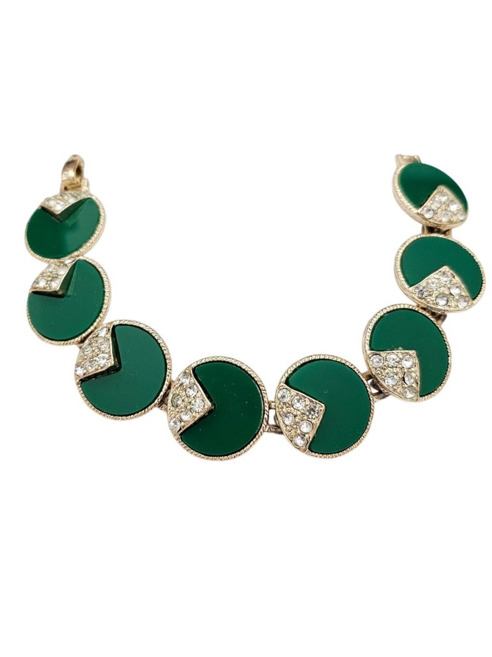 Gold-Tone Round Panel Link Bracelet Green & Clear Links Vintage 1940s- 50s J914